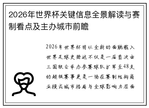 2026年世界杯关键信息全景解读与赛制看点及主办城市前瞻